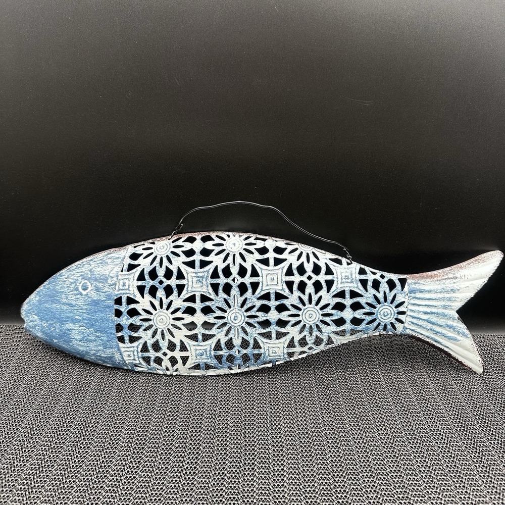Metal Fish Wall Sculpture Blue White Brown Coastal Nautical Decor